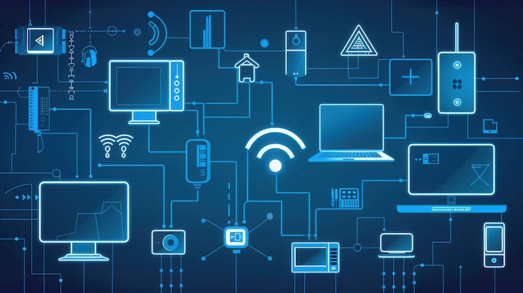 Foto una ilustración digital que representa una red de dispositivos domésticos inteligentes, enrutadores y módems interconectados por líneas abstractas que representan el flujo de datos.