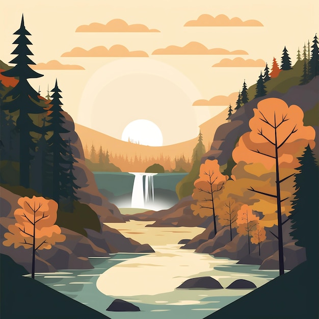 una ilustración digital de un río con una cascada en el fondo