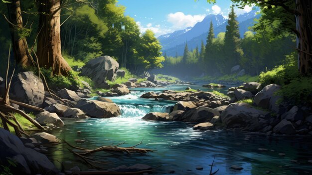 Ilustración digital de un río sereno en un bosque verde exuberante