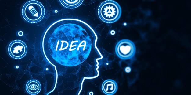 Ilustración digital de la silueta de la cabeza con IDEA e íconos en un fondo azul oscuro concepto de innovación y creatividad Rendering 3D