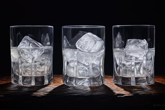 Ilustración digital de una taza de vidrio con cubos de hielo dentro de un fondo oscuro IA generativa