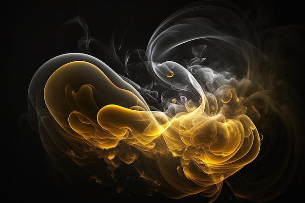 Ilustración digital telón de fondo abstracto bocanadas de suave humo amarillo sobre negro