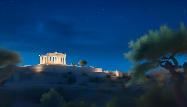 Foto una ilustración digital de un templo griego por la noche con un cielo azul y árboles en el fondo