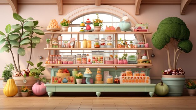 Una ilustración digital de una tienda de comestibles con una variedad de frutas, verduras y otros alimentos en los estantes y en las cestas