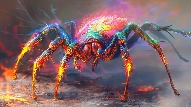 Ilustración digital vibrante de una colorida araña ardiente en un entorno de fantasía