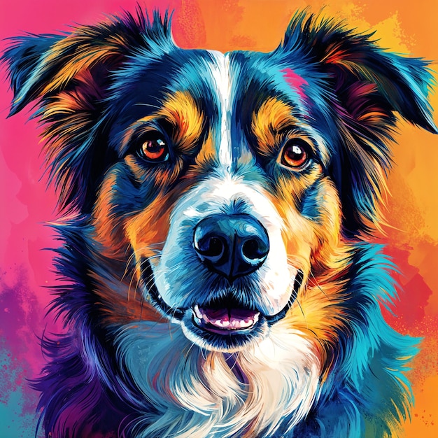 Una ilustración digital vibrante y colorida de una cara de perro con el perro con pelaje azul y naranja