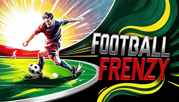 Ilustración digital vibrante de un hombre dinámico jugando al fútbol en un campo de fútbol curvo estilizado