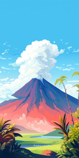 Foto ilustración digital de un volcán vibrante de un día soleado con árboles verdes