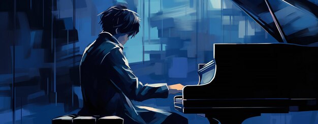 Ilustración dinámica en azul del compositor en el piano