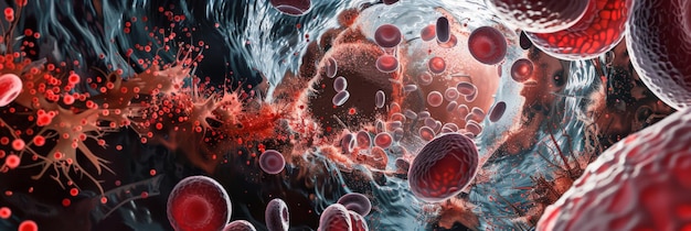 Foto ilustración dinámica de las células sanguíneas y los patógenos investigación médica y estudio hematológico