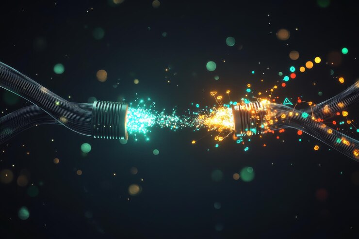 Foto ilustración dinámica de dos cables de fibra óptica que intercambian datos digitales vibrantes en un concepto de red interconectada vívido