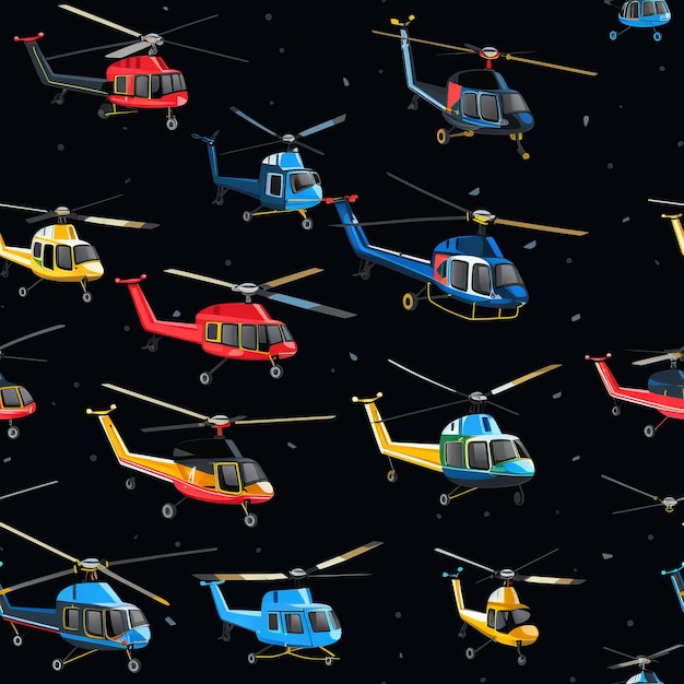 Ilustración dinámica de helicóptero en estilo de dibujos animados con un diseño vectorial plano en un fondo negro