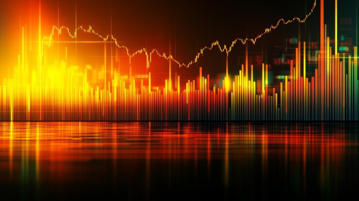 Ilustración dinámica del mercado financiero que muestra la vibrante actividad comercial y las tendencias de las acciones