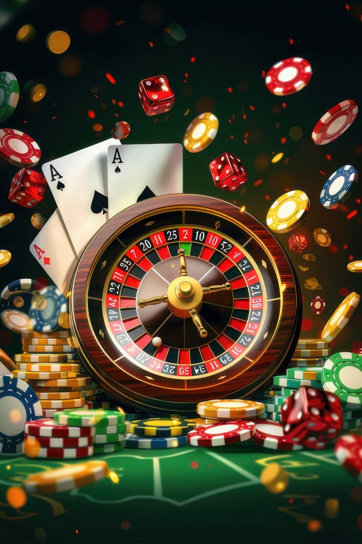 Ilustración dinámica de una rueda de ruleta giratoria con elementos flotantes del casino como dados de fichas y cartas en el espacio