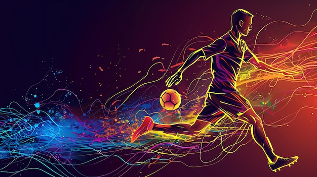 Ilustración dinámica y vibrante de un jugador de fútbol en movimiento