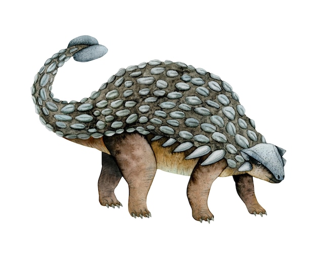 Ilustración de dinosaurio Ankylosaurs de acuarela gris marrón dibujada a mano. Animal herbívoro prehistórico