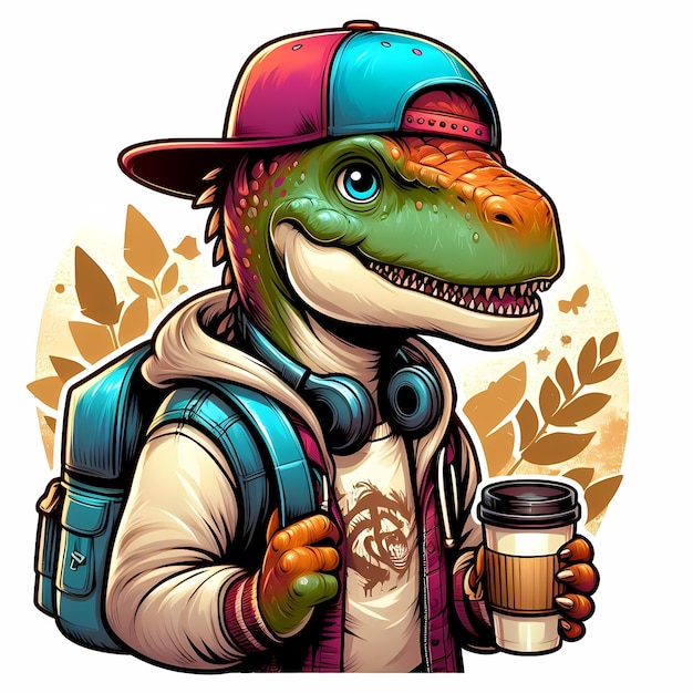 Ilustración de un dinosaurio con un sombrero y una gorra sosteniendo una taza de café