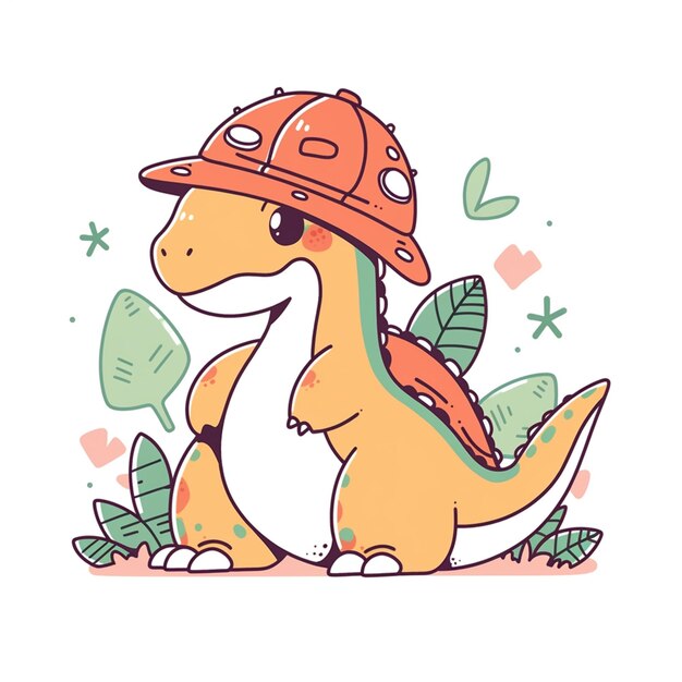 Ilustración de un dinosaurio con un sombrero y sosteniendo una hoja generativa ai