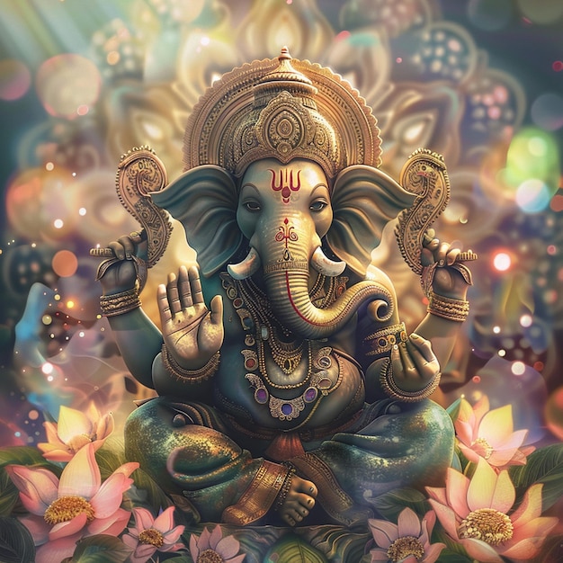 Ilustración del dios hindú Ganesha con flores pintura al óleo llevada al cielo