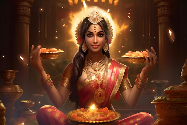 Foto ilustración de la diosa lakshmi, la encarnación de la riqueza y la prosperidad, adornando una celebración de diwali con su presencia divina