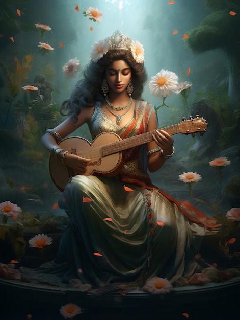 Foto ilustración de la diosa de la sabiduría saraswati.