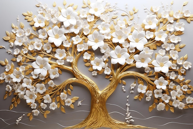 Foto ilustración de diseño 3d elegante árbol floral blanco y dorado con ramas colgantes flores y hojas