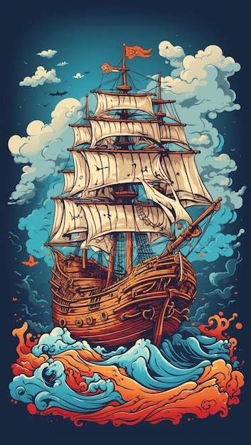 Ilustración de diseño de camisa del barco fantasma vintage Halloween con nubes arremolinadas