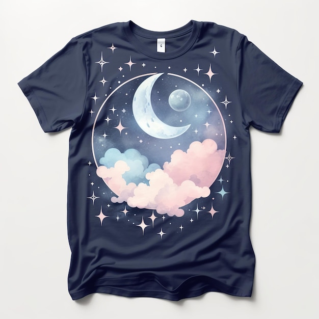 Ilustración de un diseño de camiseta de inspiración celestial que presenta una