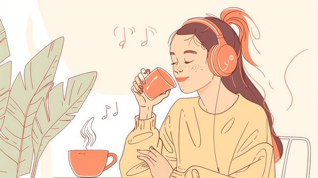 Ilustración de diseño de doodle moderno de estilo dibujado a mano de una mujer escuchando música mientras bebe café en una cafetería