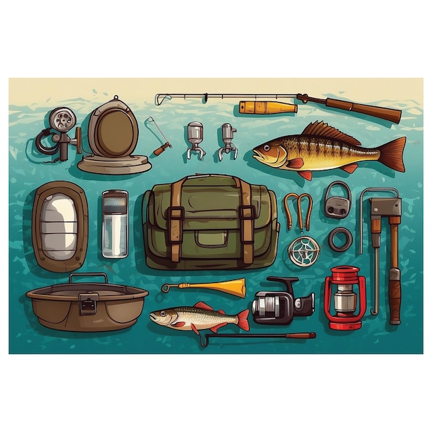 Foto ilustración del diseño del equipo de pesca completo