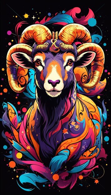 Ilustración de un diseño con estampado de cabra multicolor para una camiseta