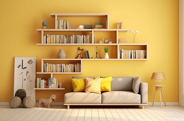 Ilustración del diseño interior moderno. La sala de lectura está decorada en amarillo con un estilo luminoso.