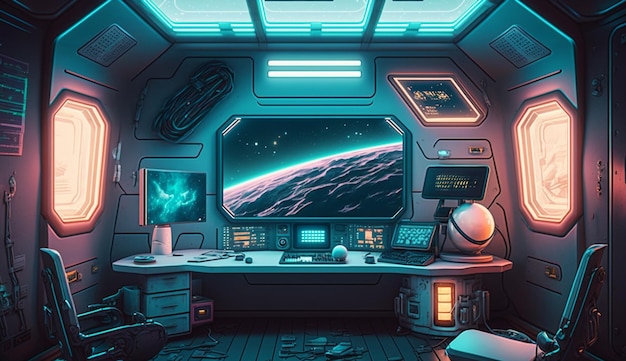 Ilustración de diseño de interiores de sala de nave espacial Sala de control de nave espacial fondo de pantalla generativo ai