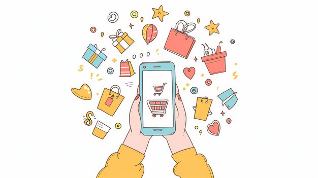 Ilustración de diseño moderno de estilo dibujado a mano de la mano sosteniendo un teléfono móvil y haciendo compras en línea