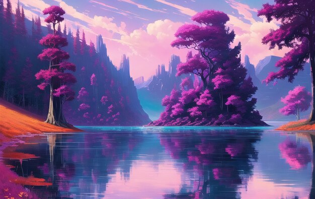 Ilustración de diseño de paisaje de lago ai generado para niños cuentos de cuentos ilustración cuentos de hadas