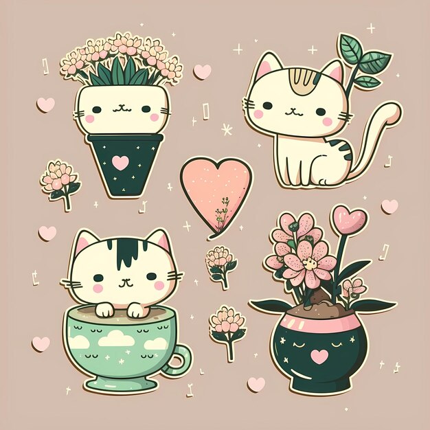 Ilustración de diseño de pegatina de gato kawaii adorable y lindo