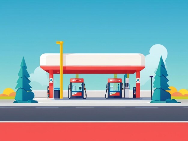 Foto ilustración del diseño plano de la estación de servicio de gasolina de una estación de servicio que proporciona servicios esenciales con modernidad