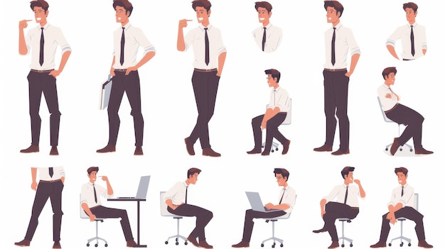 Ilustración diseño plano de un hombre de oficina en diferentes poses Caracter moderno Ilustración diseños plano de un mujer de oficina