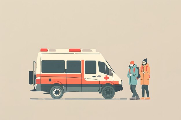 Ilustración de diseño plano minimalista retro de un médico asistiendo a personas en una ambulancia