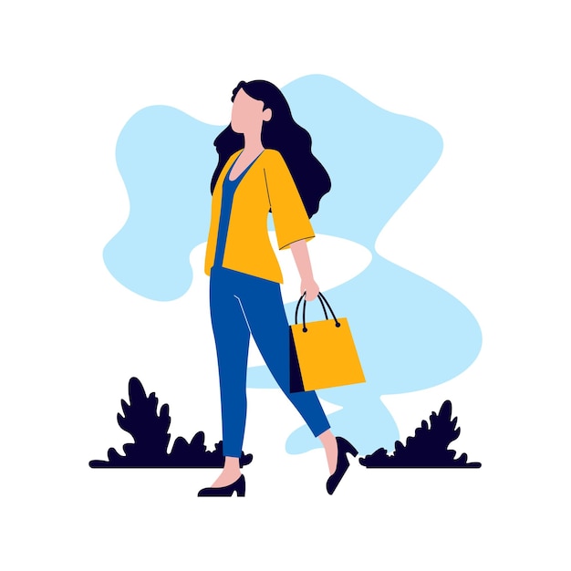 Ilustración de diseño plano de una mujer hermosa paseando por el parque mientras sujeta una bolsa de papel de la compra