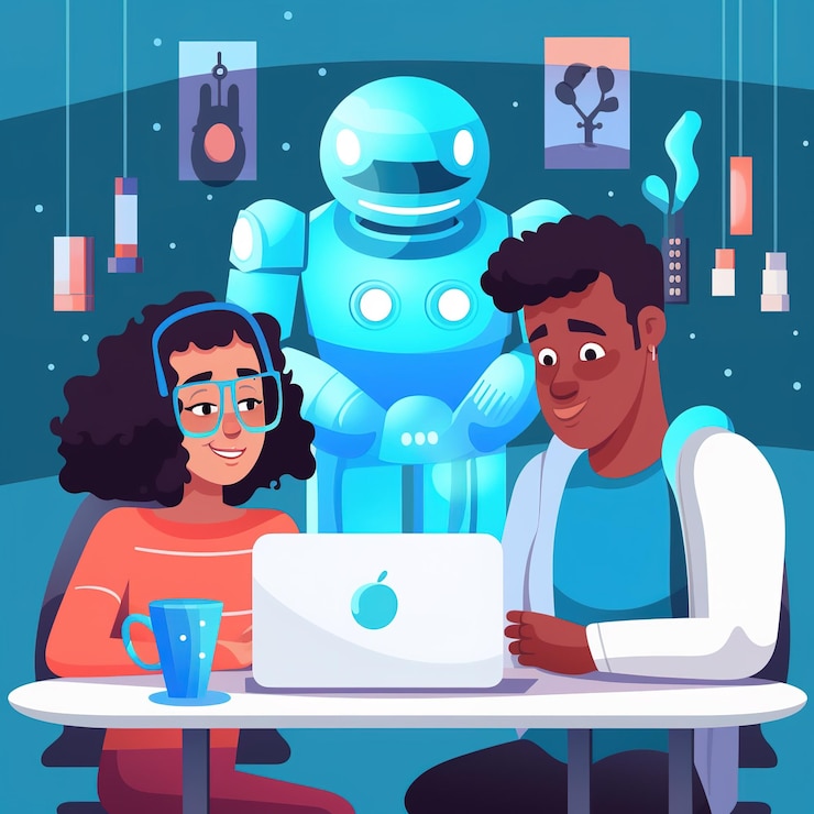 Foto ilustración de diseño plano personas que trabajan con lindos bots de chat
