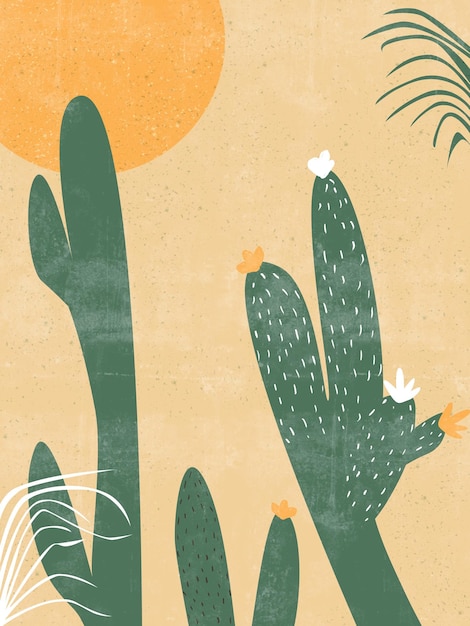 Ilustración de diseño plano con sol de cactus y hojas de estilo minimalista