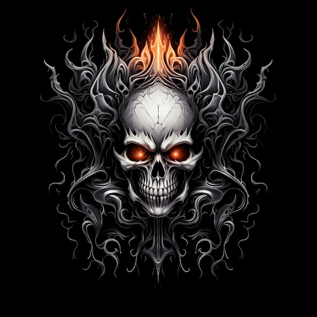 ilustración de diseño de tatuaje de calavera y fuego