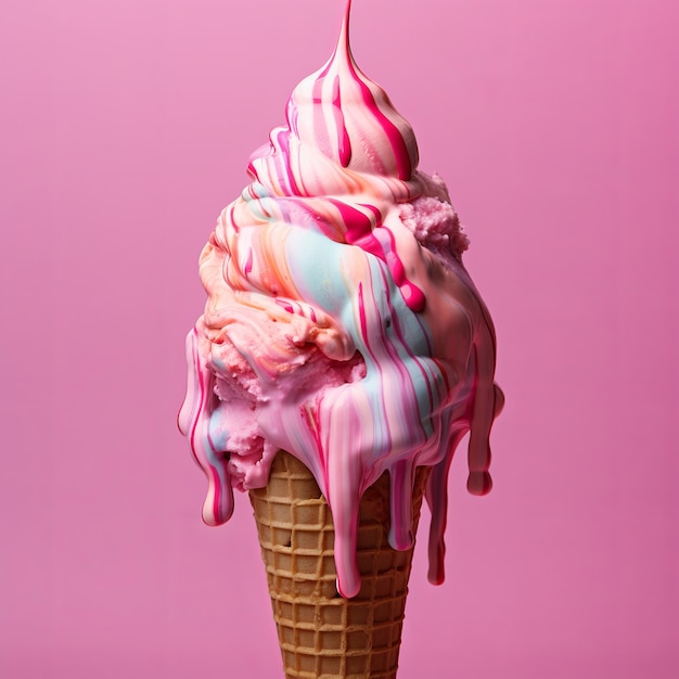 Ilustración de un disparo vertical de helado rosa derretido en un colorido