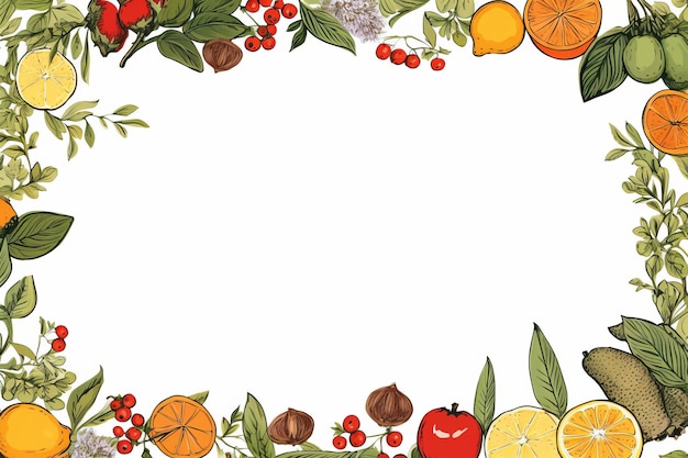 una ilustración de una disposición de frutas y verduras