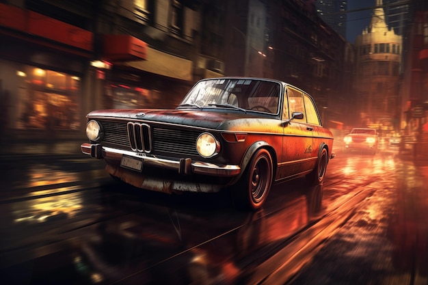 Ilustración de un distópico BMW vintage 2002 en las calles de Tokio en el año 2349