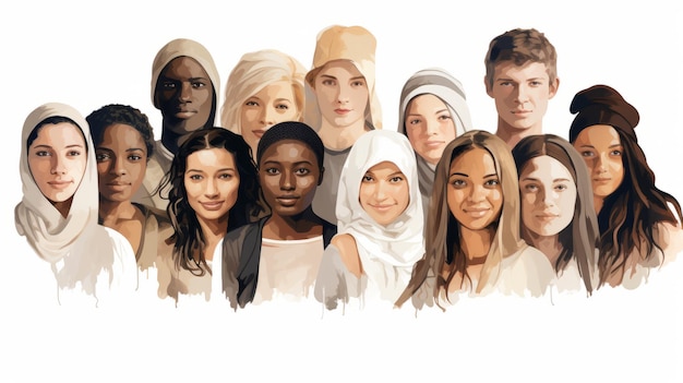 Ilustración de diversas etnias sobre un fondo blanco