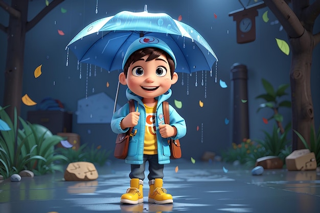 Ilustración divertida en 3D de un niño de dibujos animados con ropa de lluvia