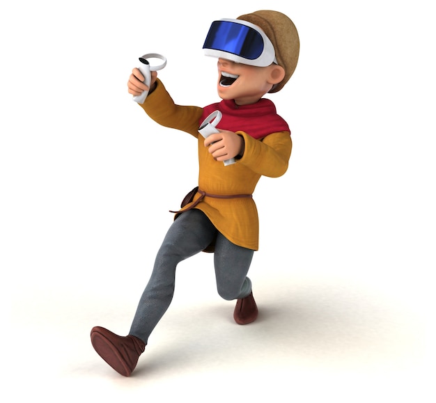 Ilustración divertida de un hombre medieval con un casco de realidad virtual