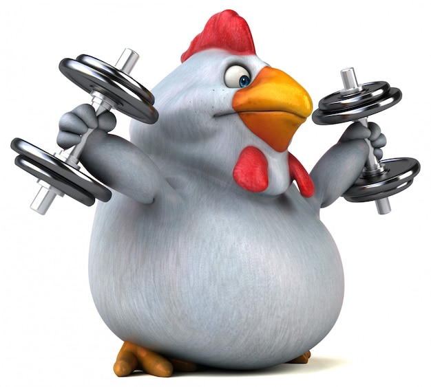 Ilustración divertida de pollo 3d levantando pesas